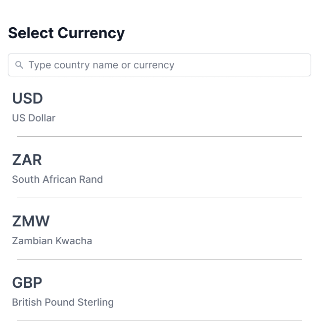 Currency selector listing local, foreign and digital options including regulated stablecoins.