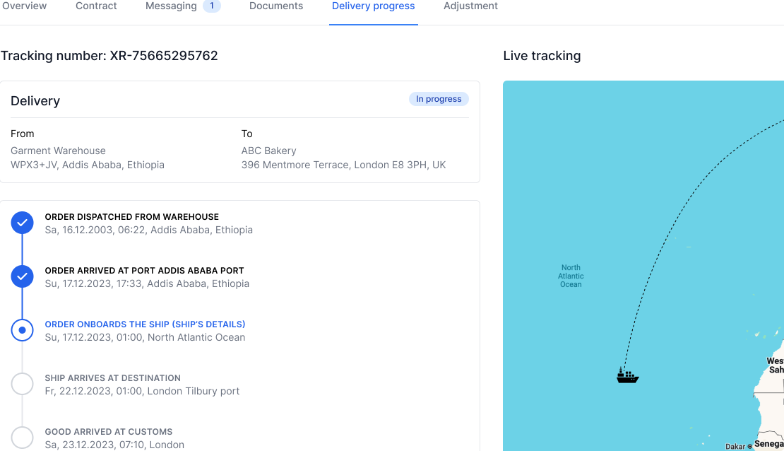 Shipment tracker showing each verified hop from origin to destination, with on-chain accountability markers at every step.